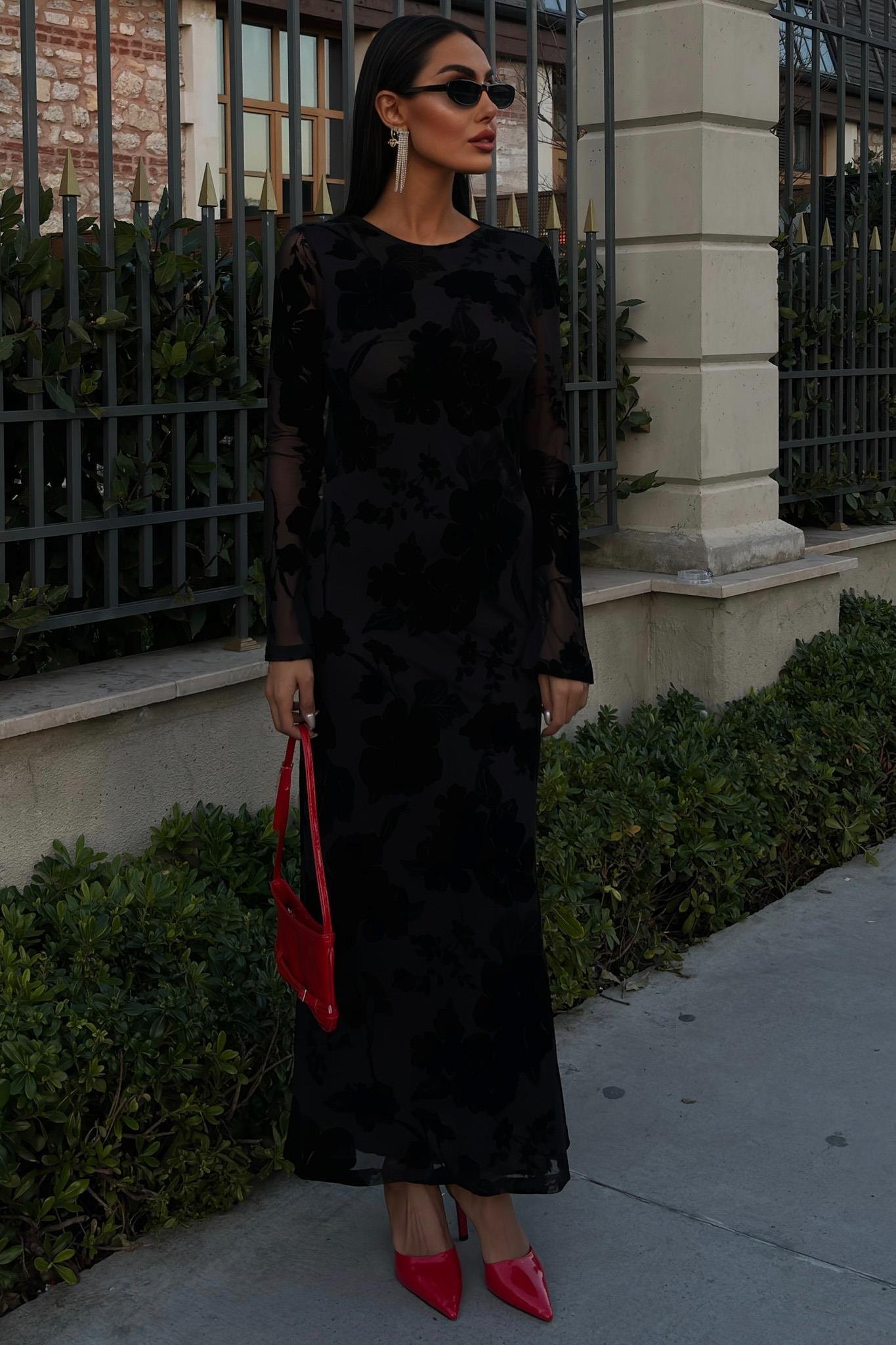 Kadife Baskılı Sırt Dekolteli Astarlı Elbise 2825 R10-C-K4