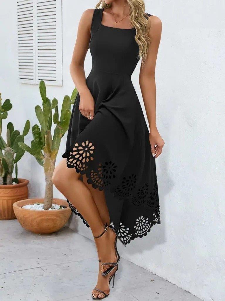 Kadın Askılı Geometrik Yaka çiçek Lazer Kesim Ithal Krep Elbise