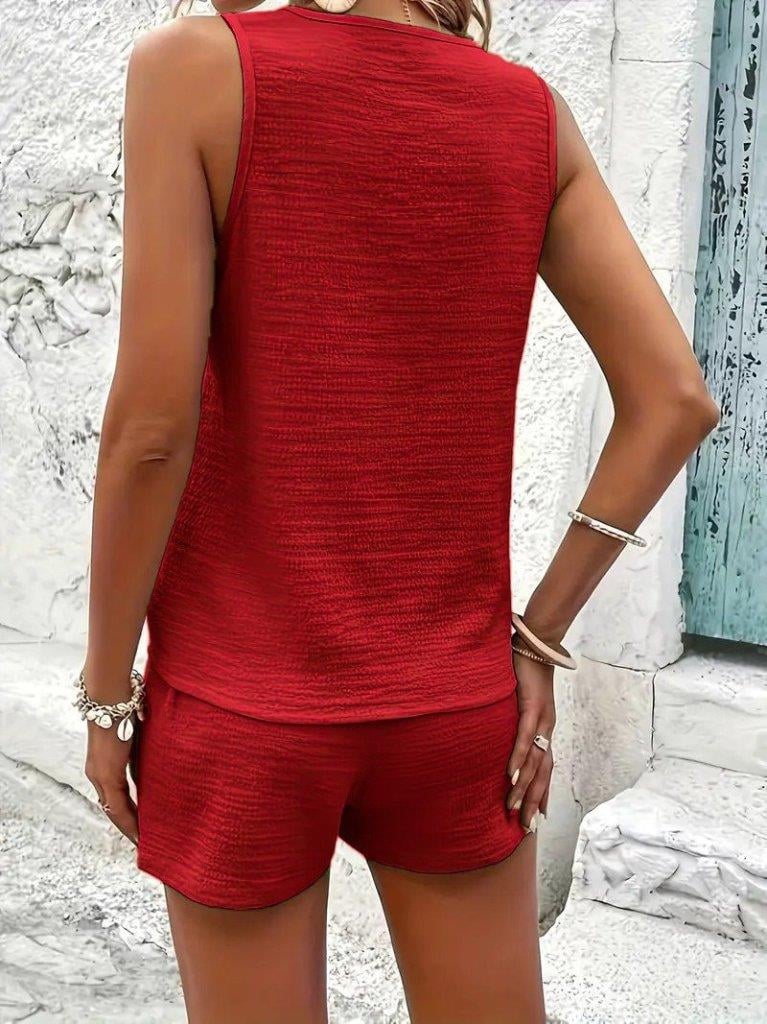 Kadın Askılı Kolsuz V Yakalı önden Düğmeli Bürümcük Bluz Ve Short Ikili Takım