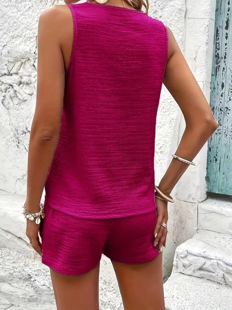 Kadın Askılı Kolsuz V Yakalı önden Düğmeli Bürümcük Bluz Ve Short Ikili Takım