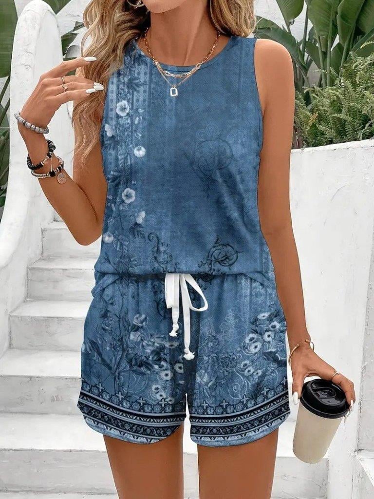 Kadın Askılı Yuvarlak Yaka çiçek Baskılı Süprme Bluz Ve Short Ikili Takım