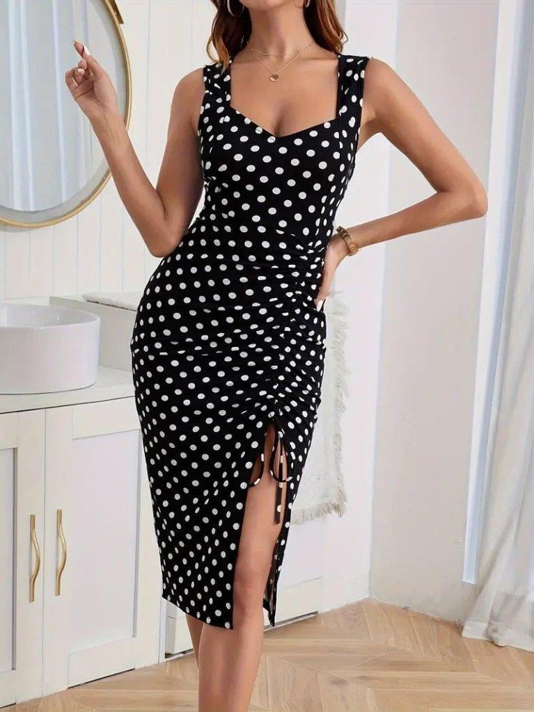 Kadın Askılı Yuvarlak Yaka Kalp Yaka Yandan Büzgülü Yırtmaç Detaylı Puantiyeli örme Krep Elbise