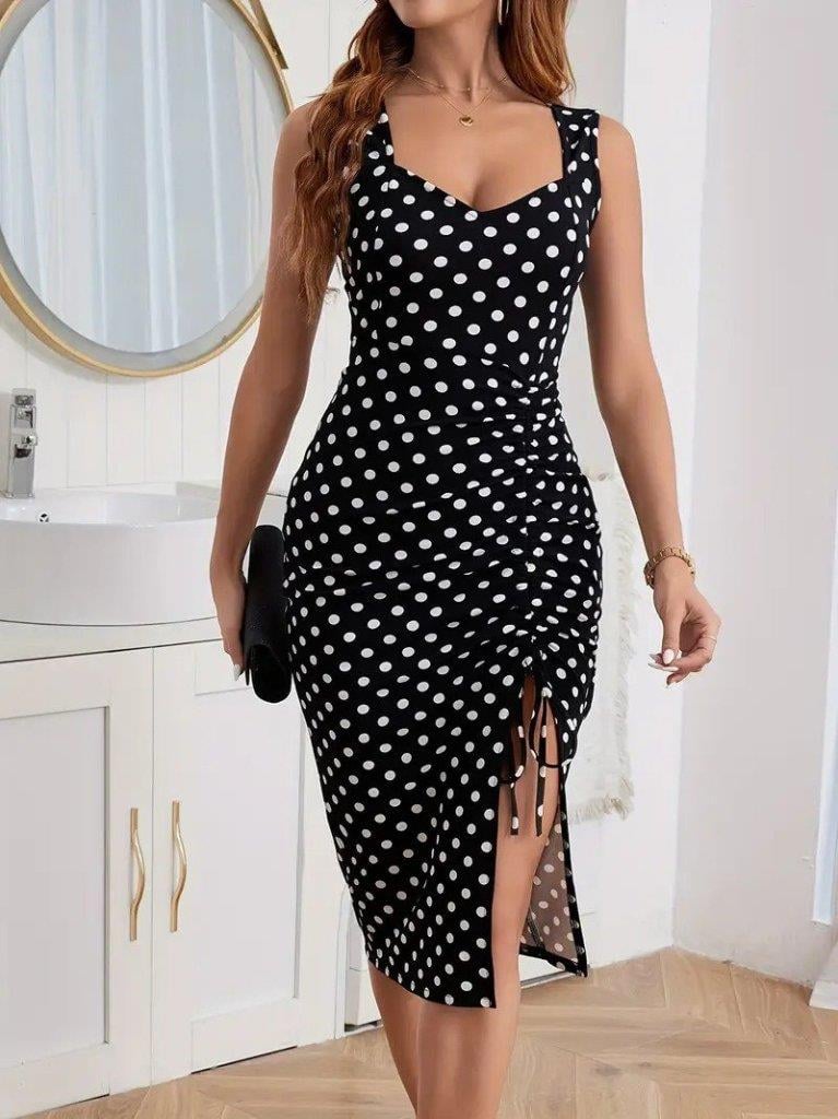 Kadın Askılı Yuvarlak Yaka Kalp Yaka Yandan Büzgülü Yırtmaç Detaylı Puantiyeli örme Krep Elbise