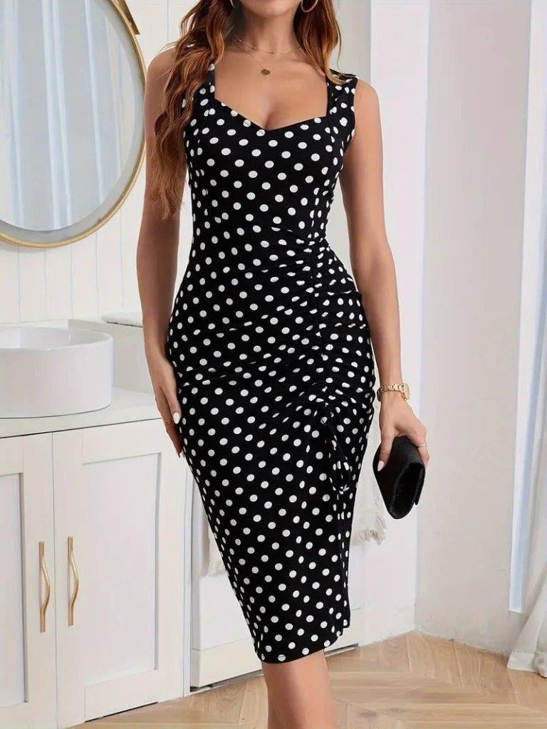 Kadın Askılı Yuvarlak Yaka Kalp Yaka Yandan Büzgülü Yırtmaç Detaylı Puantiyeli örme Krep Elbise