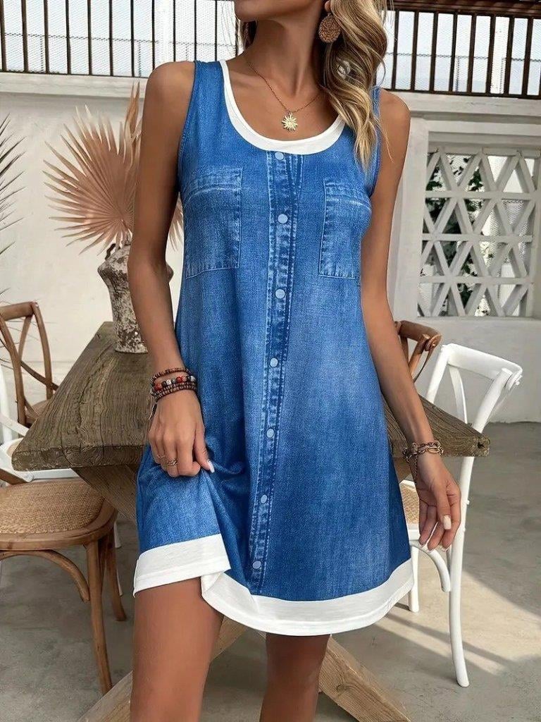 Kadın Askılı Yuvarlak Yakalı Kot Görünümlü Kısa Süprem Elbise