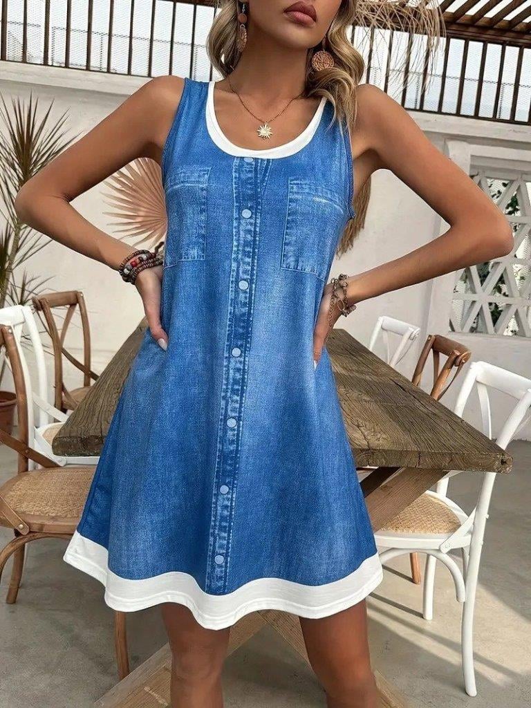 Kadın Askılı Yuvarlak Yakalı Kot Görünümlü Kısa Süprem Elbise