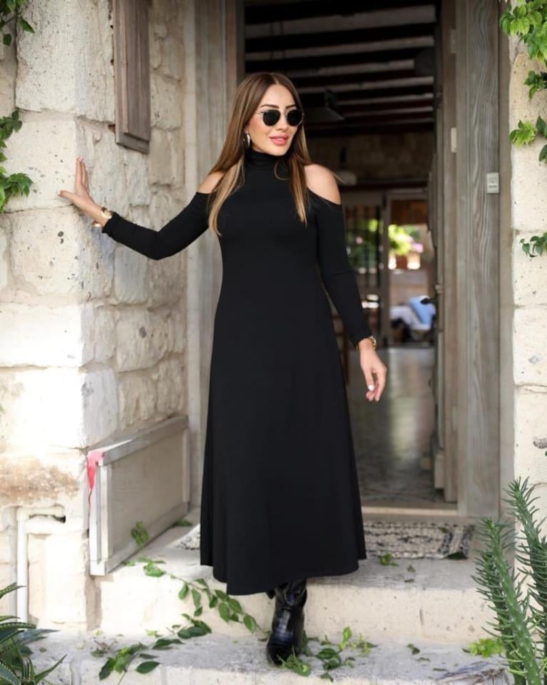 Kadın Balıkçı Yaka Omuzlardan Açık Uzun Kollu Crep Kumaş Elbise