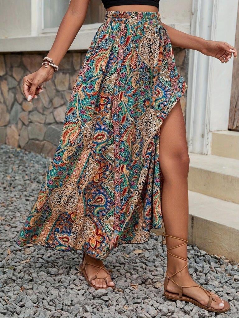 Kadın Beli Büzgülü Yandan Yırtmaçlı Desenli Süprem Etek