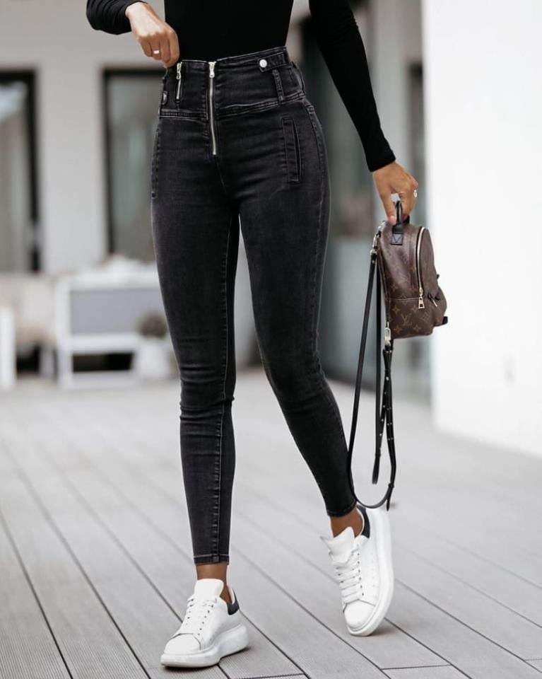 Kadın Fermuar Detay Yüksek Kemerli Kot Pantolon