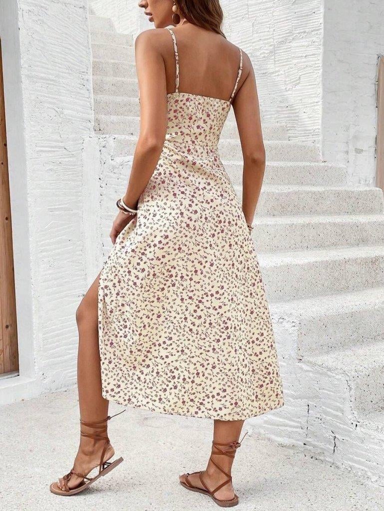 Kadın Ip Askılı Geniş V Yaka Bağcıklı Yandan Yırtmaçlı çiçek Desenli Midi Süprem Elbise
