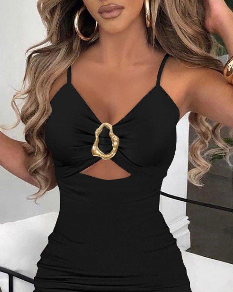 Kadın Ip Askılı Toka Detaylı Yırtmaçlı Janjan Krep Elbise