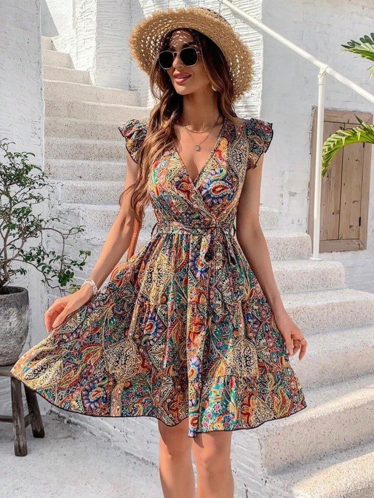 Kadın Kısa Kelebek Kollu Kruvaze Yakalı Süprem Elbise