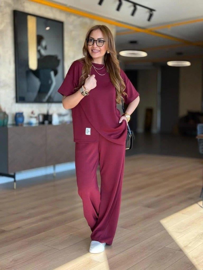 Kadın Kısa Kollu Bisiklet Yaka Asimetrik Viskon Iki Iplik Bluz Ve Pantolon Ikili Takım