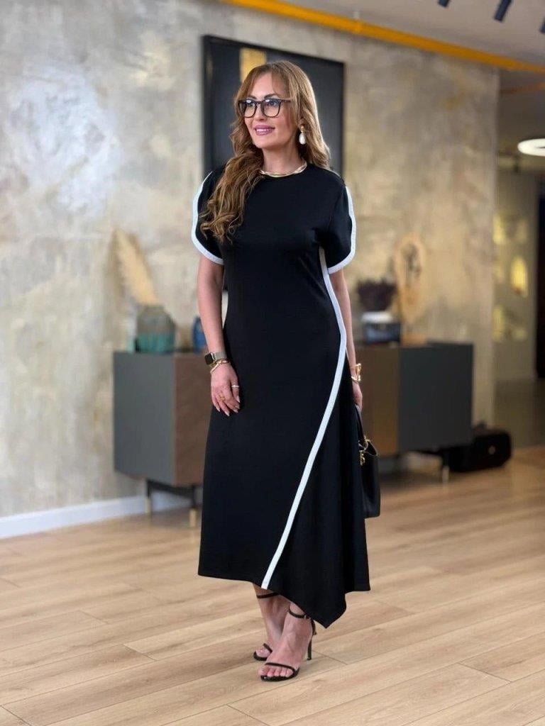 Kadın Kısa Kollu Bisiklet Yaka çift şerit Renk Detaylı Asimetrik Kesim Viskon Iki Iplik Elbise