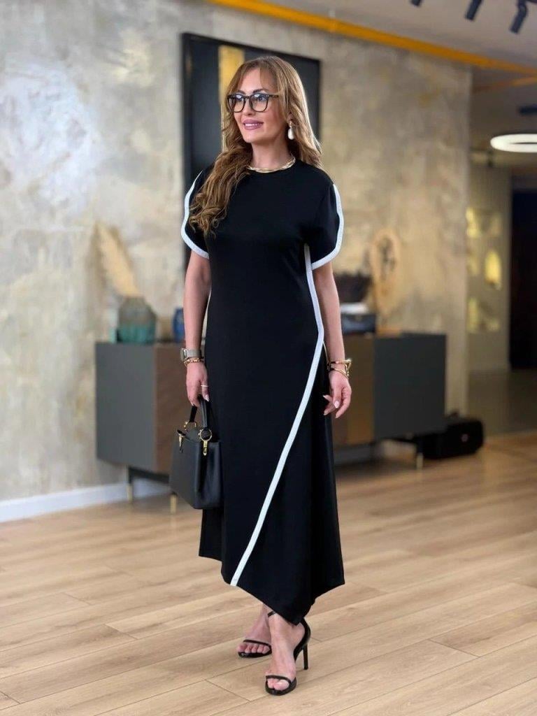 Kadın Kısa Kollu Bisiklet Yaka çift şerit Renk Detaylı Asimetrik Kesim Viskon Iki Iplik Elbise