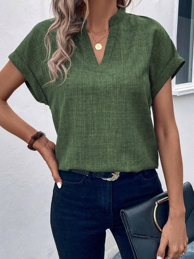 Kadın Kısa Kollu Hakim Yaka Keten Bluz