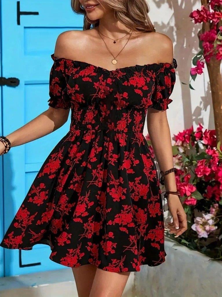 Kadın Kısa Kollu Madonna Yaka Beli Lastikli çiçek Desenli Kısa Süprem Elbise