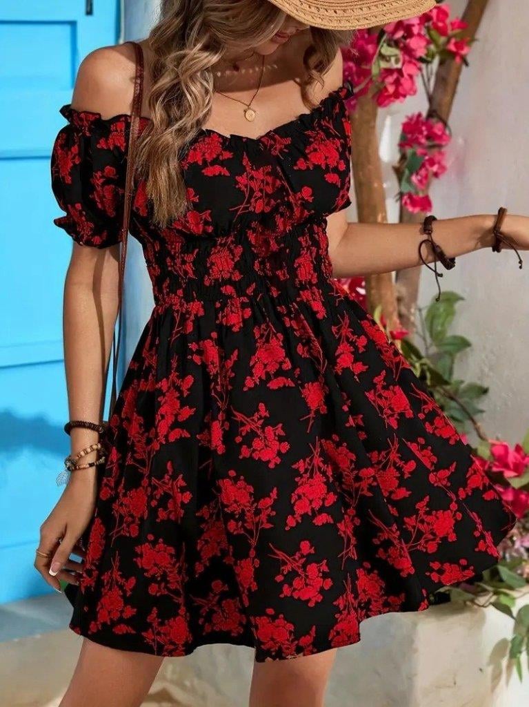 Kadın Kısa Kollu Madonna Yaka Beli Lastikli çiçek Desenli Kısa Süprem Elbise