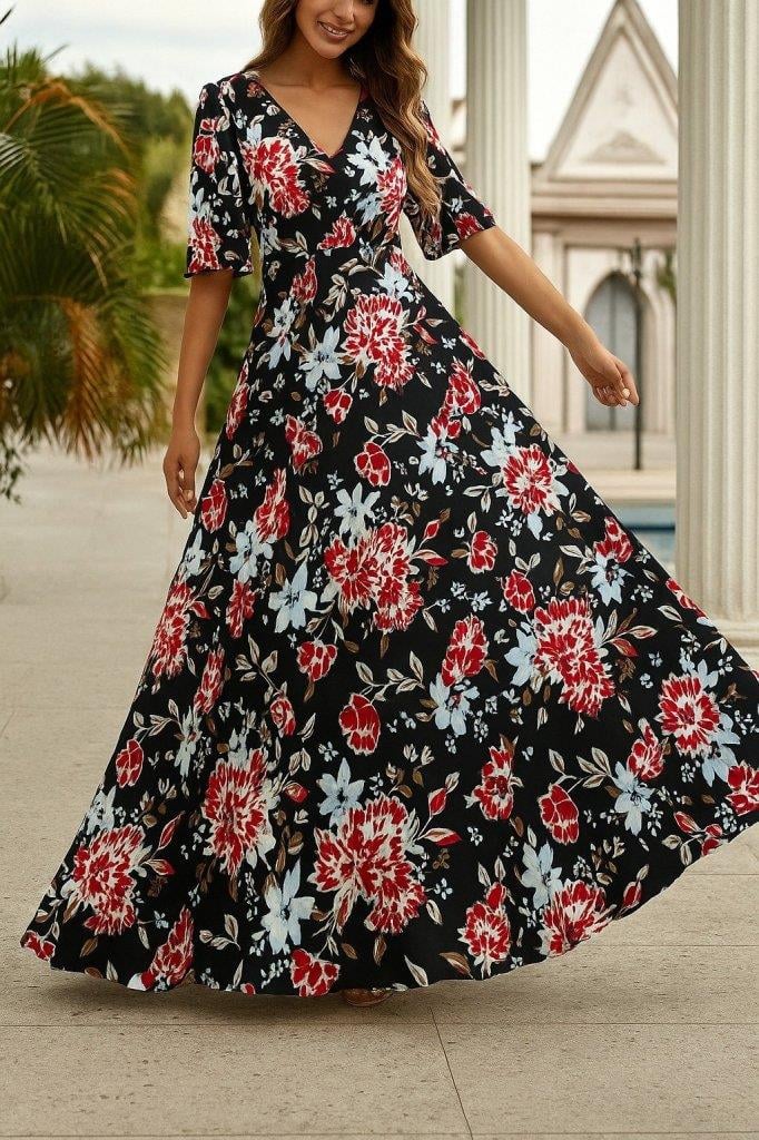 Kadın Kısa Kollu V Yakalı Desenli Süprem Elbise