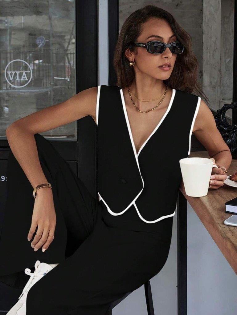 Kadın Kolsuz V Yakalı Düğmeli Ithal Krep Yelek Ve Pantolon Ikili Takım