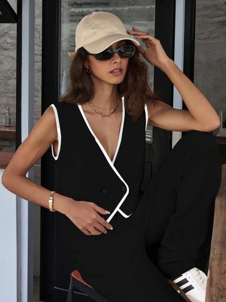 Kadın Kolsuz V Yakalı Düğmeli Ithal Krep Yelek Ve Pantolon Ikili Takım