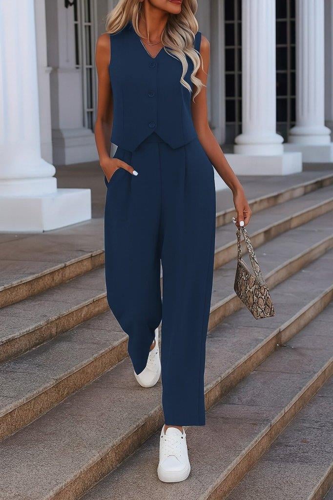 Kadın Kolsuz V Yakalı önden Düğmeli Ithal Krep Ve Pantolon Ikili Takım