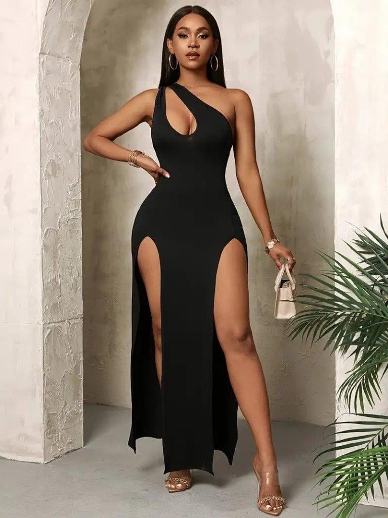 Kadın Tek Omuzdan Açık Damla Detaylı Yırtmaç Detaylı Uzun Janjan Krep Elbise