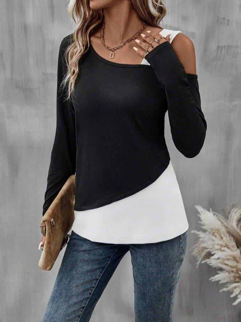 Kadın Tek Omuzu Açık Askılı çift Renkli Uzun Kollu Viskon Bluz