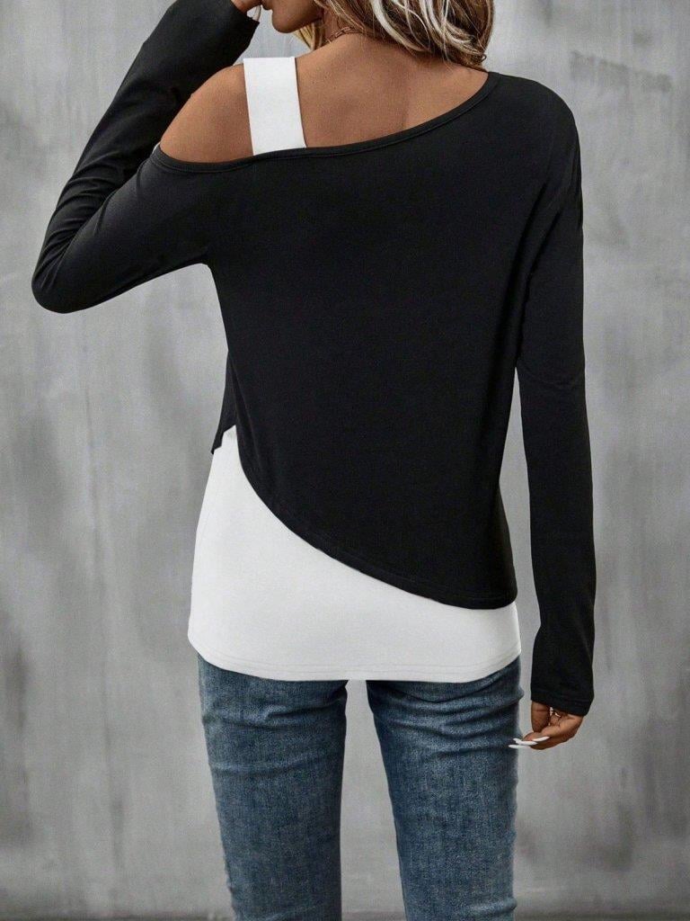 Kadın Tek Omuzu Açık Askılı çift Renkli Uzun Kollu Viskon Bluz