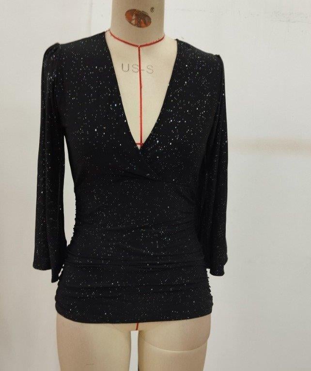 Kadın Truvakar Kollu Kruvaze Yakalı Simli Sandy Bluz