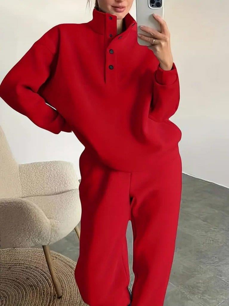 Kadın Uzun Kollu Balıkçı Dik Yakalı Düğmeli üç Iplik Bluz Ve Pantolon Ikili Takım