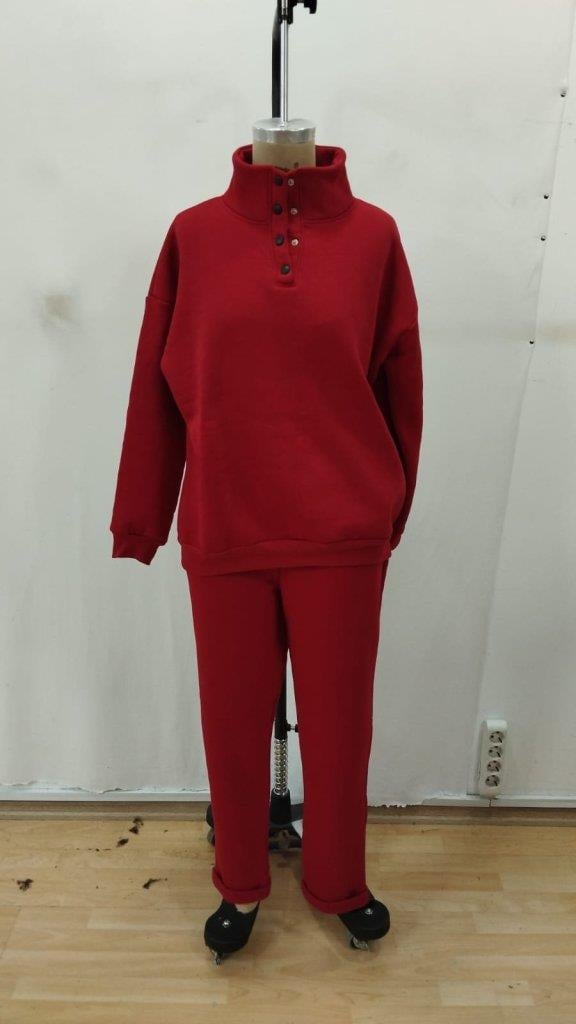 Kadın Uzun Kollu Balıkçı Dik Yakalı Düğmeli üç Iplik Bluz Ve Pantolon Ikili Takım