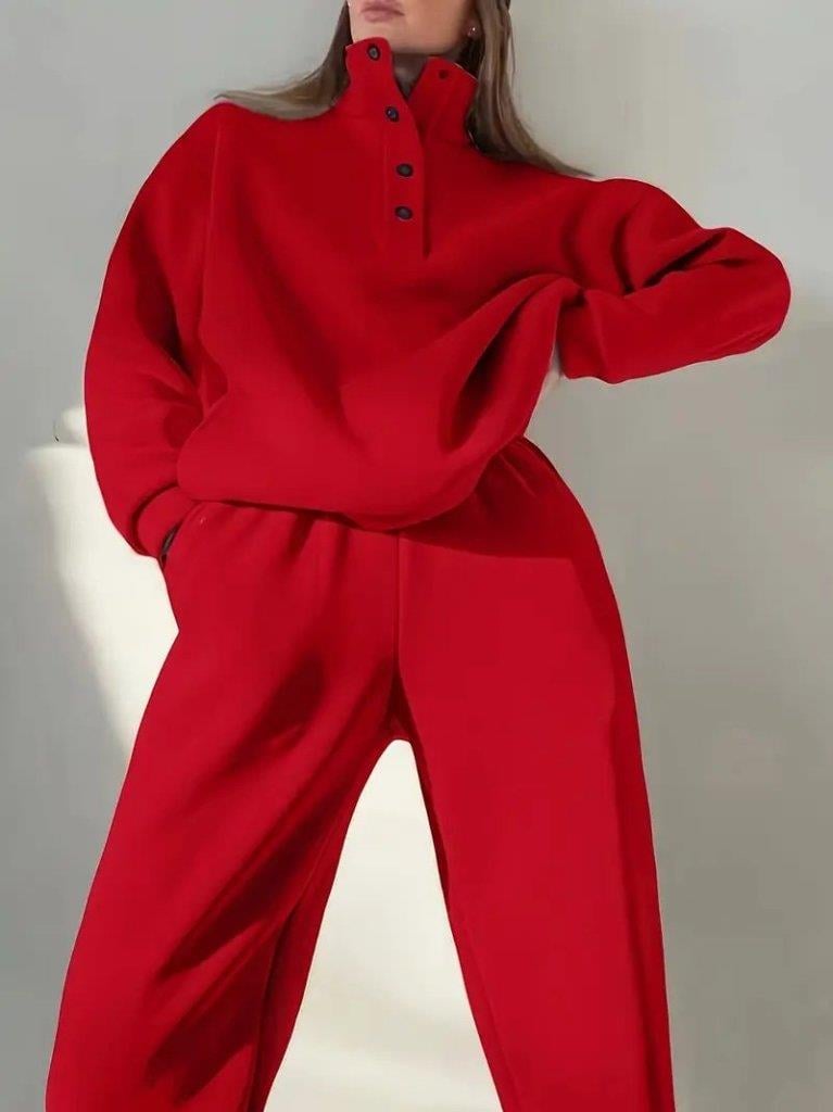 Kadın Uzun Kollu Balıkçı Dik Yakalı Düğmeli üç Iplik Bluz Ve Pantolon Ikili Takım