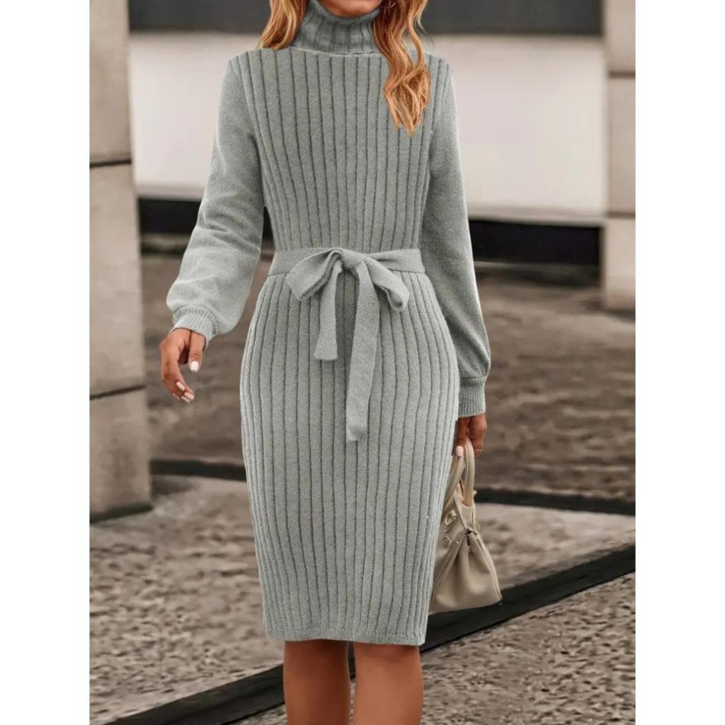 Kadın Uzun Kollu Balıkçı Yaka Beli Kuşaklı Mini Triko Elbise