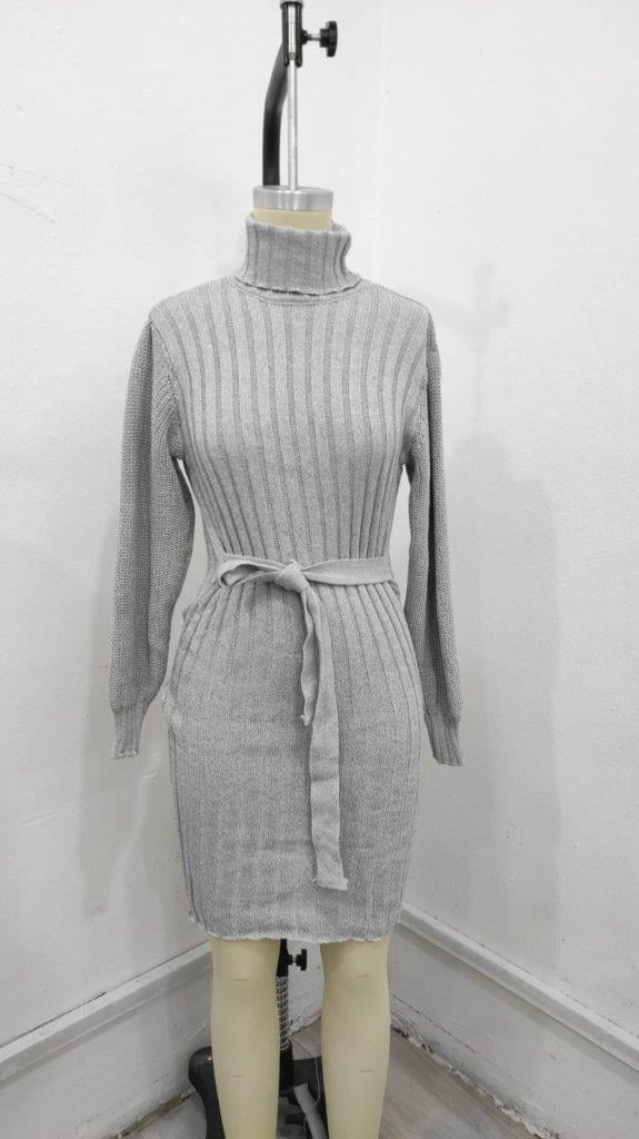 Kadın Uzun Kollu Balıkçı Yaka Beli Kuşaklı Mini Triko Elbise