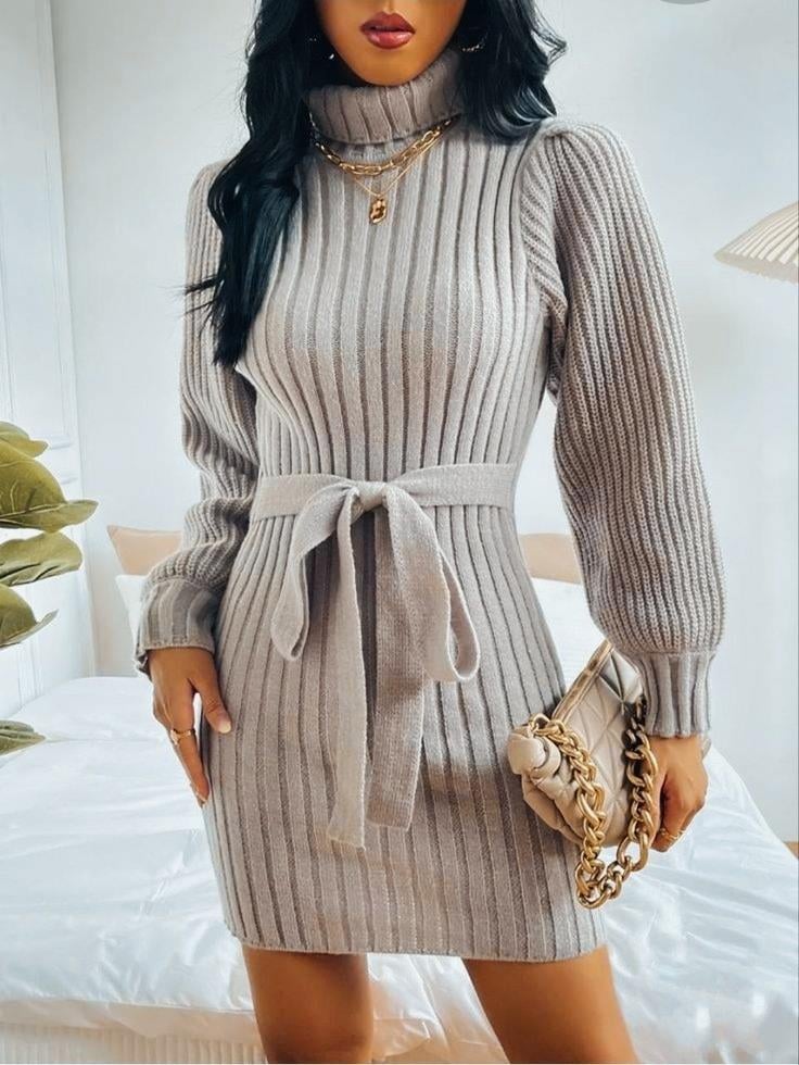 Kadın Uzun Kollu Balıkçı Yaka Beli Kuşaklı Mini Triko Elbise