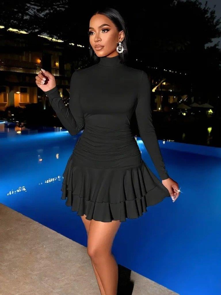 Kadın Uzun Kollu Balıkçı Yaka Mini Fırfırlı Sandy Elbise