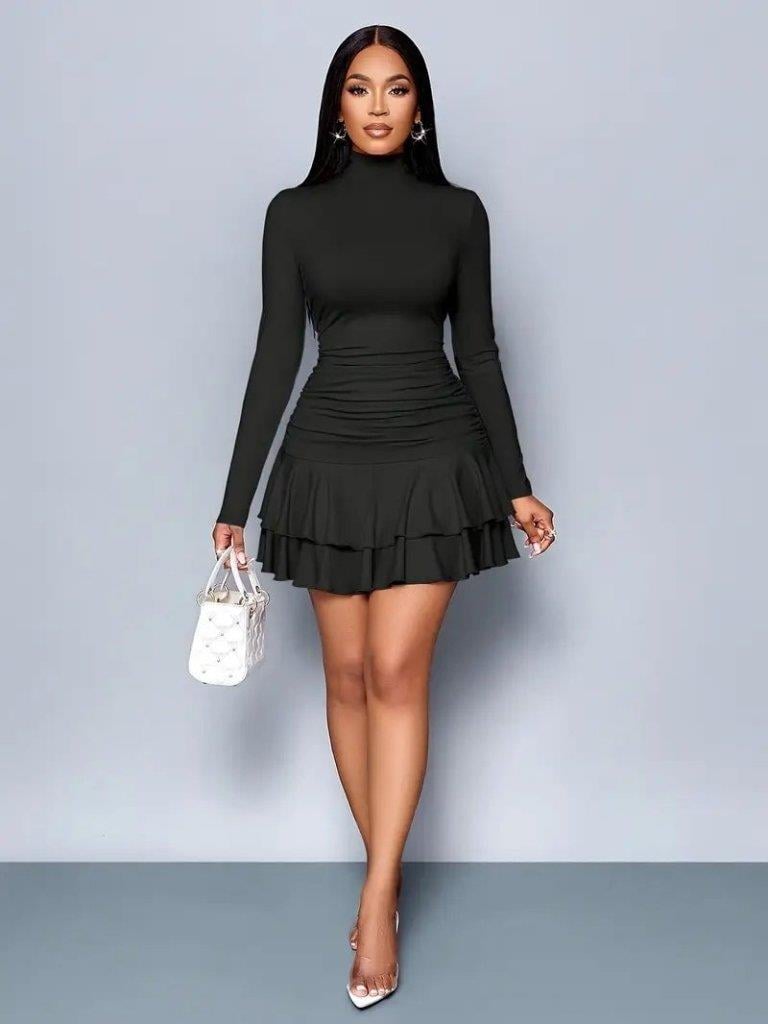 Kadın Uzun Kollu Balıkçı Yaka Mini Fırfırlı Sandy Elbise