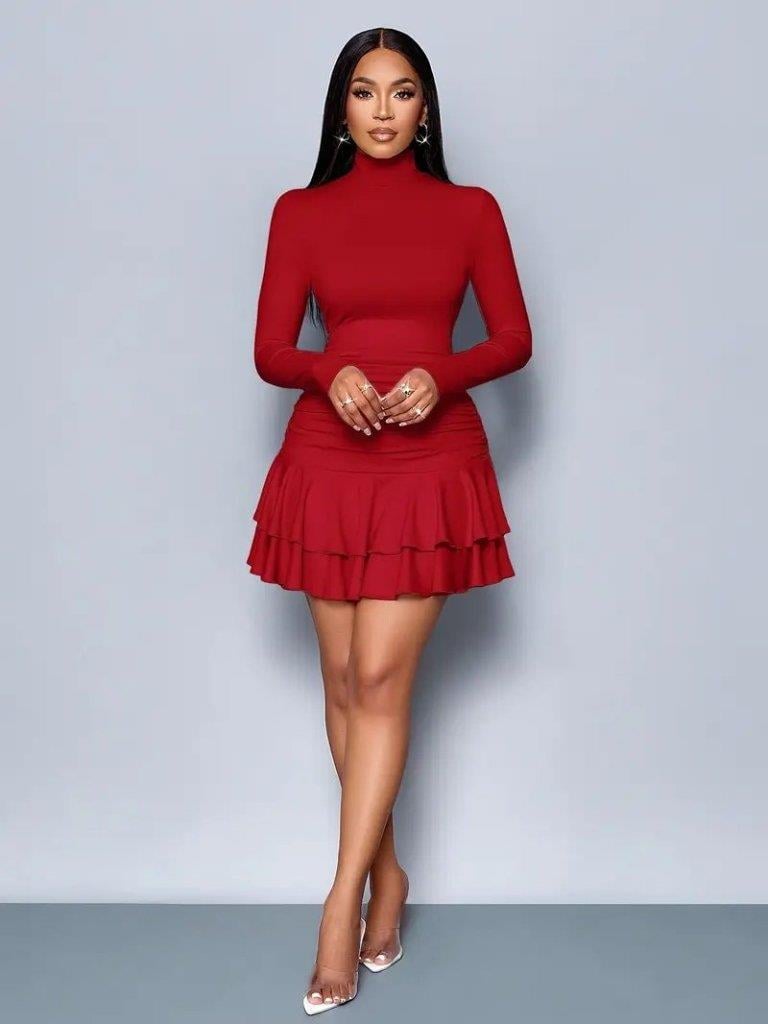 Kadın Uzun Kollu Balıkçı Yaka Mini Fırfırlı Sandy Elbise