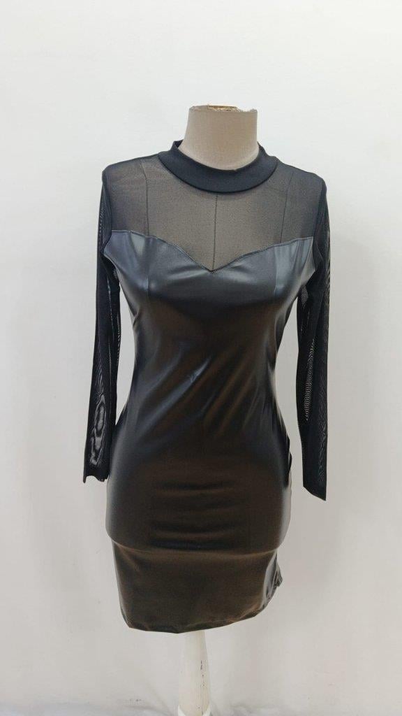 Kadın Uzun Kollu Balıkçı Yaka Tül Detaylı Mini Deri Elbise