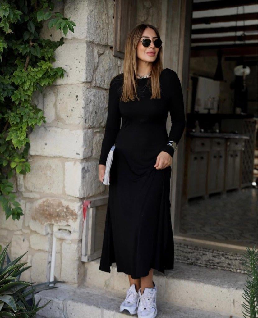 Kadın Uzun Kollu Bisiklet Yaka Arkası çapraz Detaylı Viskon Iki Iplik Maxi Elbise