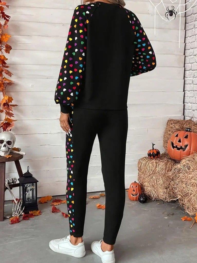Kadın Uzun Kollu Bisiklet Yaka Desenli Viskon Iki Iplik Bluz Ve Pantolon Ikili Takım