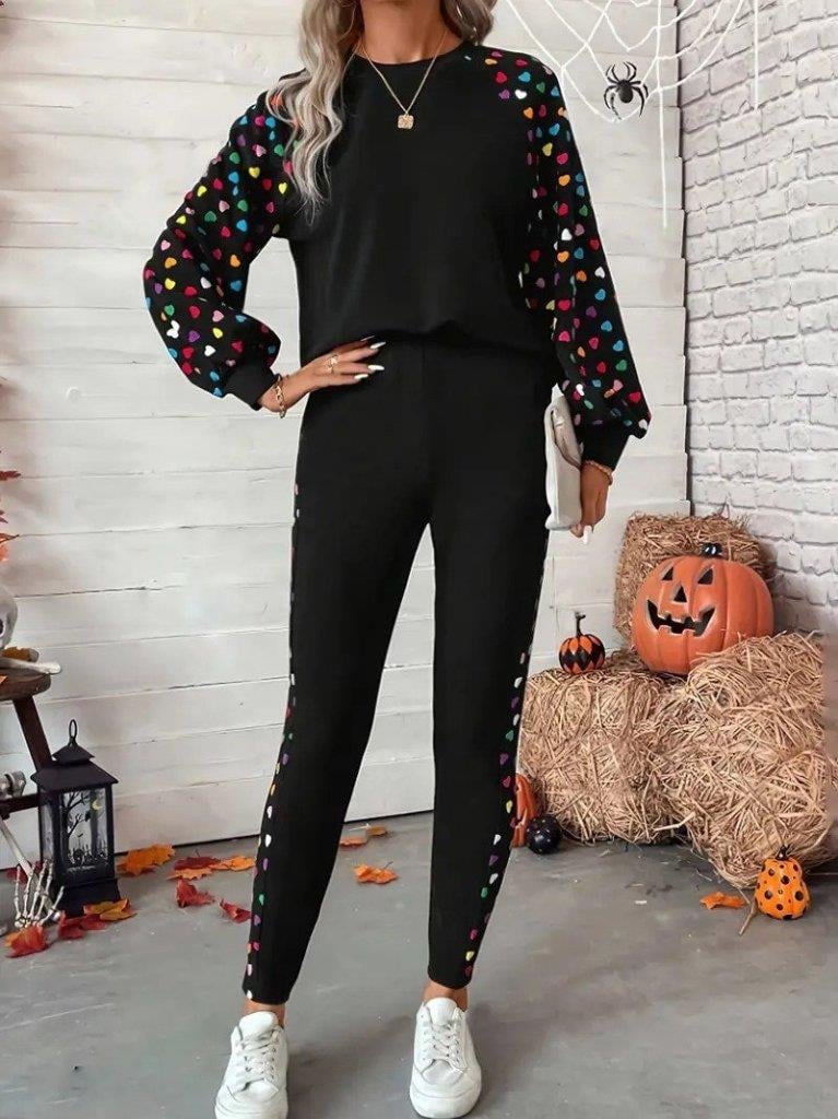 Kadın Uzun Kollu Bisiklet Yaka Desenli Viskon Iki Iplik Bluz Ve Pantolon Ikili Takım