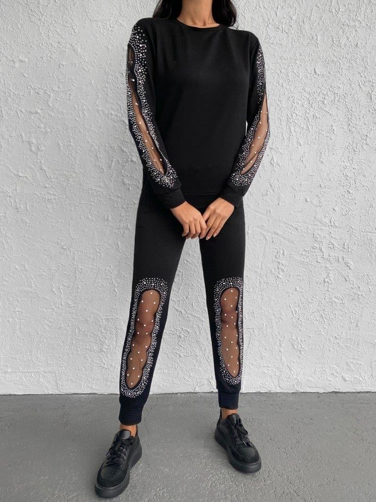 Kadın Uzun Kollu Bisiklet Yaka Kol Ve Bacak Tül Ve Inci Detay Iki Iplik Ikili Takım