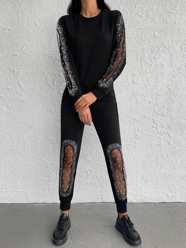 Kadın Uzun Kollu Bisiklet Yaka Kol Ve Bacak Tül Ve Inci Detay Iki Iplik Ikili Takım