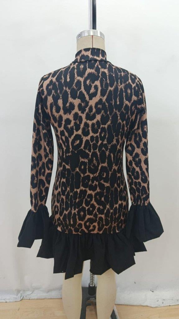 Kadın Uzun Kollu Bisiklet Yaka Leopar Desenli üst Modal Alt Trikoton Mini Elbise