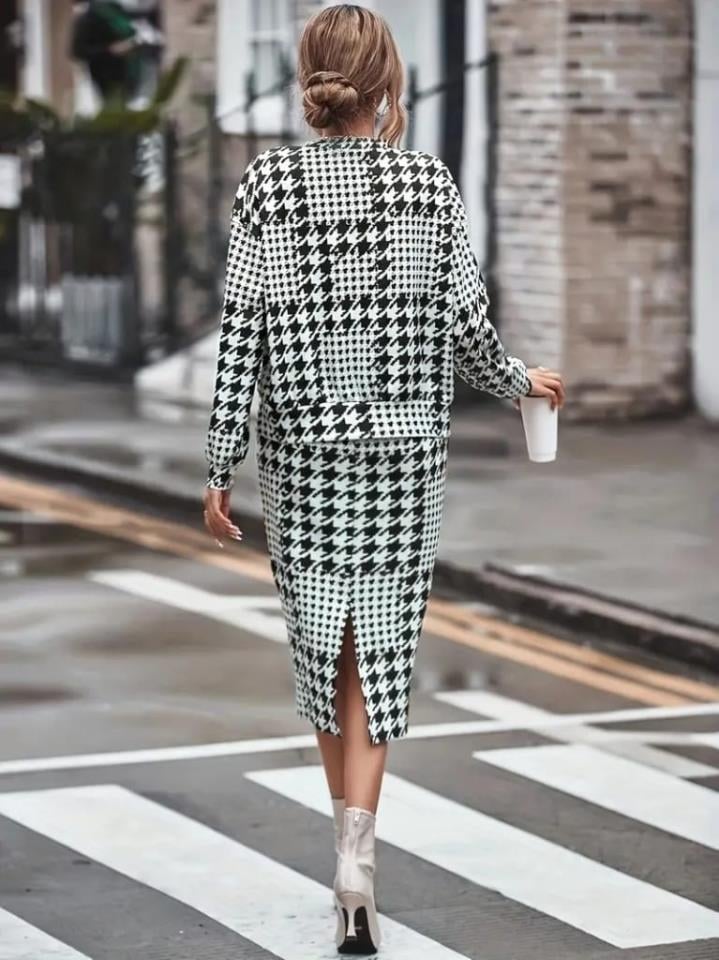 Kadın Uzun Kollu Bisiklet Yaka şardonlu Dalgıç Bluz Ve Yırtmaçlı Etek Takım