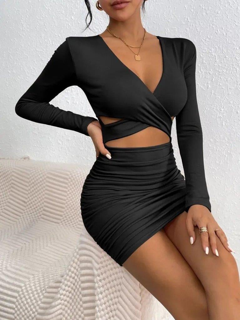 Kadın Uzun Kollu çapraz Dekolte Detaylı Mini Sandy Elbise
