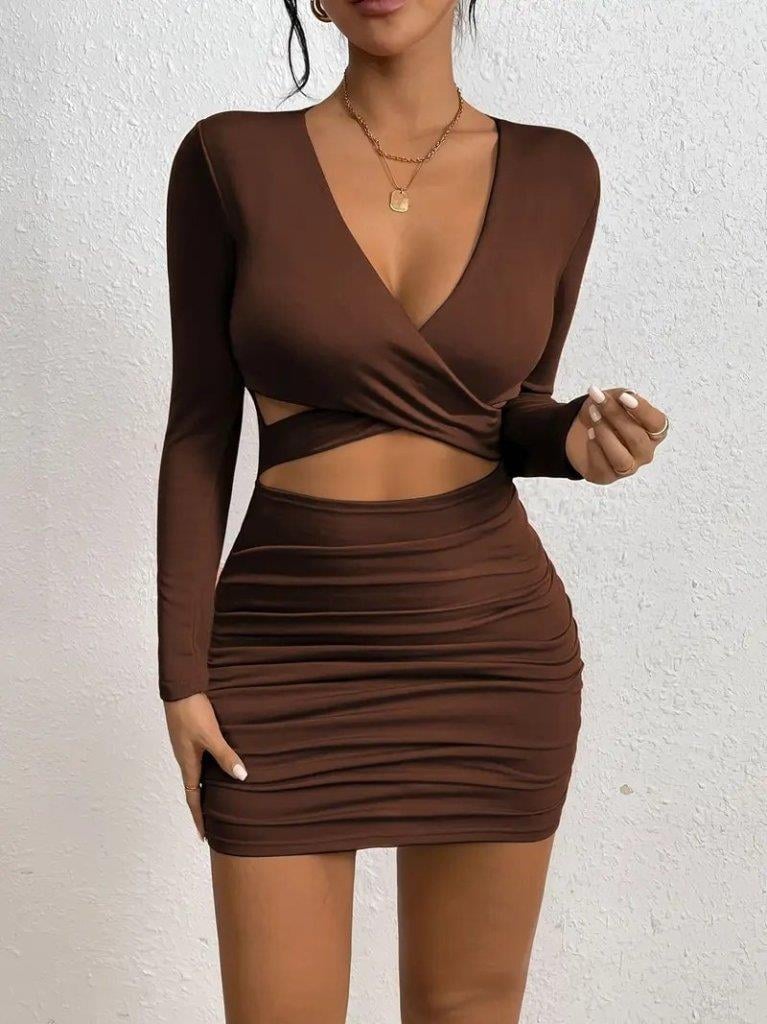 Kadın Uzun Kollu çapraz Dekolte Detaylı Mini Sandy Elbise