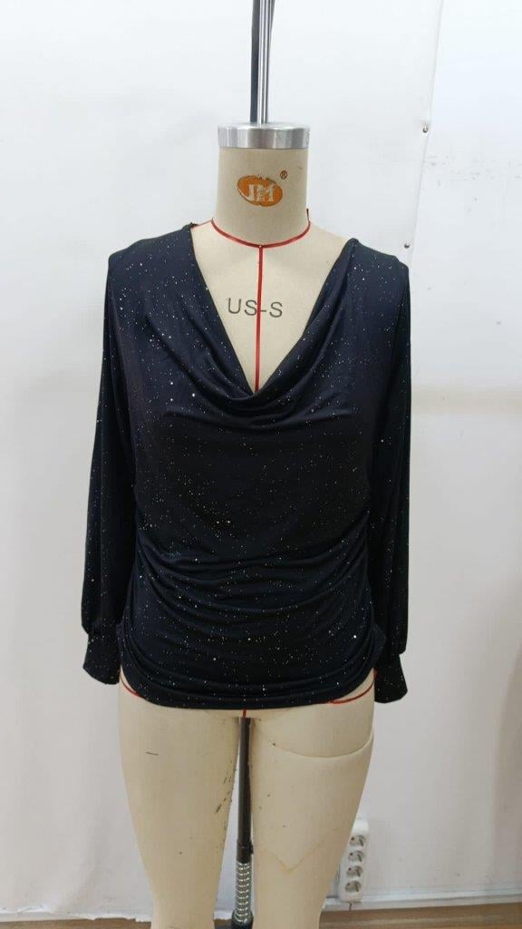 Kadın Uzun Kollu Degaje Yaka Taşlı Sandy Bluz